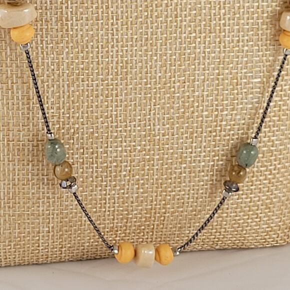 Beaded Hoop Earrings, Long 30" Bead Necklace Set Mixed Green Brown Silver Tone - Picture 2 of 14